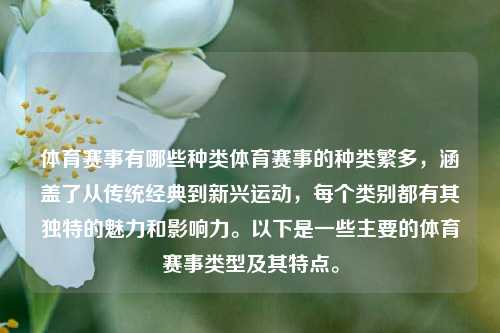 体育赛事有哪些种类体育赛事的种类繁多，涵盖了从传统经典到新兴运动，每个类别都有其独特的魅力和影响力。以下是一些主要的体育赛事类型及其特点。